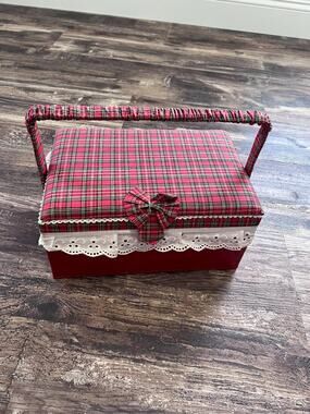Vintage Sewing Box with Notions, Red Plaid Sewing Basket, Retro Collection